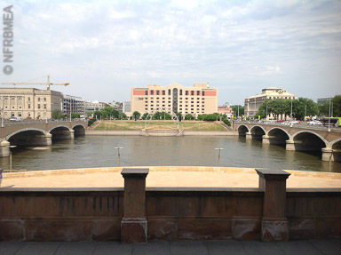 View of Embassy Suites Hotel  across the Des Moines River from World Food Prize Tour